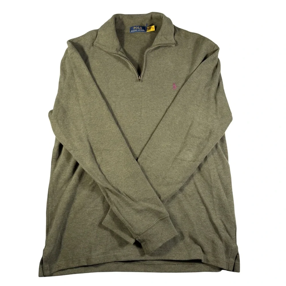Polo Ralph Lauren Mens Olive Green Heather 1/4 Zip Cotton Pullover Sweater M